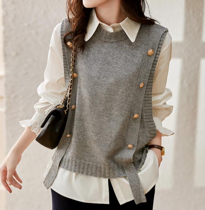 ニット ベスト 　シンプル　 体型カバー 秋冬レディース シャツに合う　通勤　ニットベスト レディース ゆったり 通勤 着痩せ【Anytime】