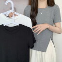 カットソー レディース 半袖Tシャツ 半袖tシャツ タイト スリット入 吸汗速乾 クルーネック 半袖トップス 夏新作【Anytime】