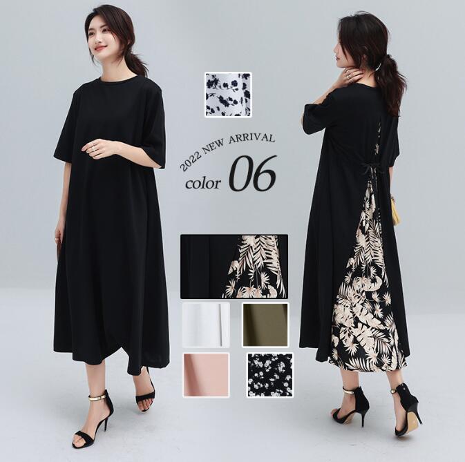 【超目玉】半袖ワンピース ロングワンピース 花柄 マキシ丈 切り替えデザイン レディース ワンピース ロング丈 半袖 長袖 ノースリーブ ロンTワンピース ワンピ ロング丈 レイヤード風 異素材切替 ウェストリボン付き ラウンドネック Vネック ピンク フレア 【Anytime】のサムネイル