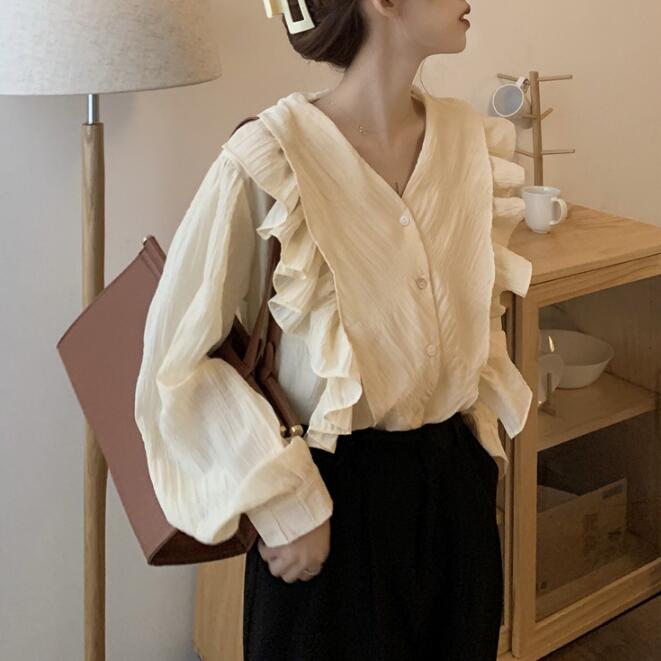 レディースブラウス 　フリルブラウス　春　通勤 Vネック　長袖　ゆったり　長袖シャツ　OL【Anytime】