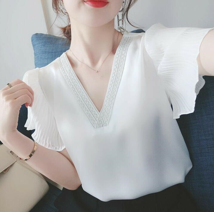 半袖シフォンブラウス トップス シャツ　レディース フォーマル ビジネス ブラウス　Vネック 作業着 制服 事務服 　オフィススタイル　通勤　OL 【Anytime】のサムネイル