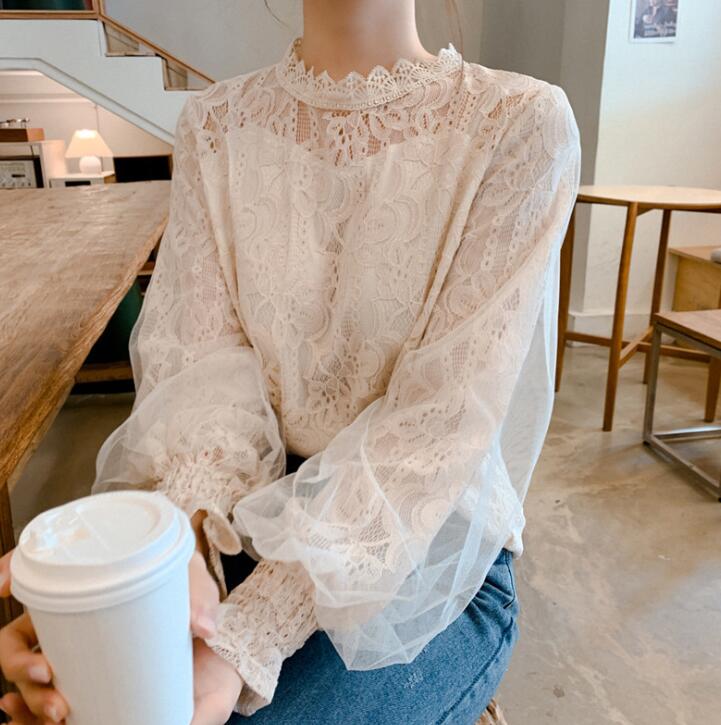 レーストップス バルーン袖 可愛い レディース 半袖 Tシャツ ブラウス スキッパーネック 長袖 ゆったり カジュアル 韓国ファッション セクシー 透け感 トップス 【Anytime】のサムネイル