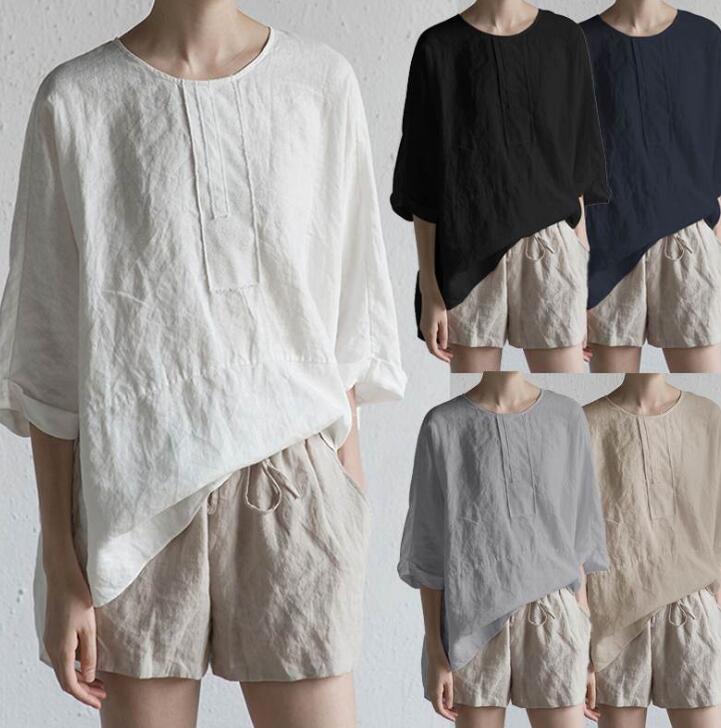 半袖　無地Tシャツ ブラウス　ゆったり Tシャツ 半袖 リネン　トップス Tシャツ　ブラウス　レディースシンプルなデザイン　 Tシャツ 大人 トップス カットソー チュニック basic 婦人服 大きめ カジュアル おしゃれ ゆったり 【Anytime】のサムネイル