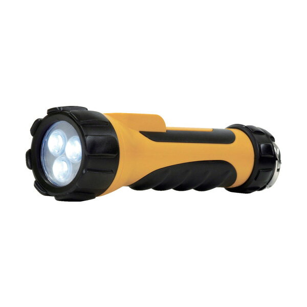 特長●3LED搭載で周囲を明るく照射します。●ラバーで衝撃を吸収し、ライトをしっかりガードします。●雨の中でも使用できる防雨仕様です。●アウトドアや防災に便利です。●便利なフック付きです。仕様・規格●明るさ(lm)：照度約400lx(距離1m・中心点照度・電池初期時)●外径(mm)：65●全長(mm)：207●使用電池：単1形乾電池×2個（別売）●最大点灯時間(h)：50●保護等級：IPX3●色：ブラック／イエロー●縦(mm)：207●照度(lx)：400●光源色：白色●照射角(°)：約12°●使用電源：単一形乾電池×2本(別売)●連続点灯時間：約50時間※アルカリ乾電池使用時(電池の性能により異なります)●光源：白色LED×3灯搭載●外形寸法：直径65×全長207(mm)(最大値)●質量：約193g(電池除く)●防水仕様：防雨(IP-X3)●質量：250g●製造国：中国●メーカー：朝日電器(株)材質●ABS、PVC