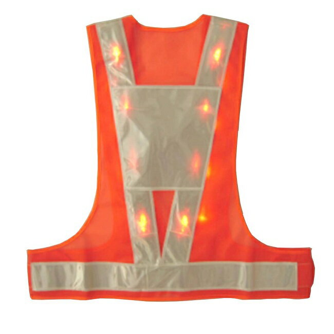 超高輝度赤色LEDベスト 背中台形反射シート付きLED安全チョッキ　オレンジメッシュ/白銀色テープ LED-O..