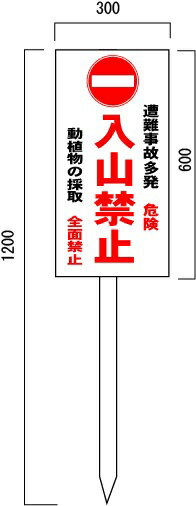 「入山禁止」　動植物の採取禁止　注意看板　600×300mm　木製支柱付表示板