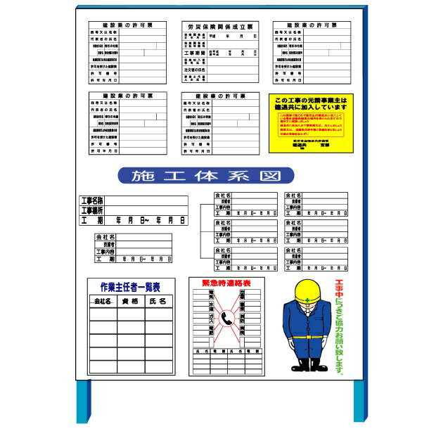 建設業許可・労災関係成立表・建退共現場標識・施工体制図・緊急時・作業主任者　現場表示用法令看板　タテ1400mm×ヨコ1100mm自立型鉄枠付【大型商品・個人宅配送不可】