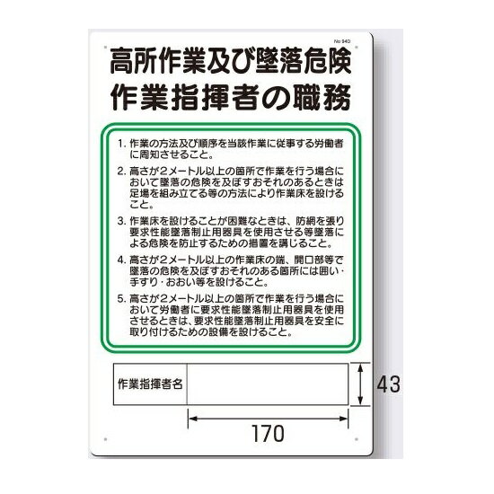 作業主任者の職務板　高所作業及び墜落危険作業指揮者の職務板　94-D