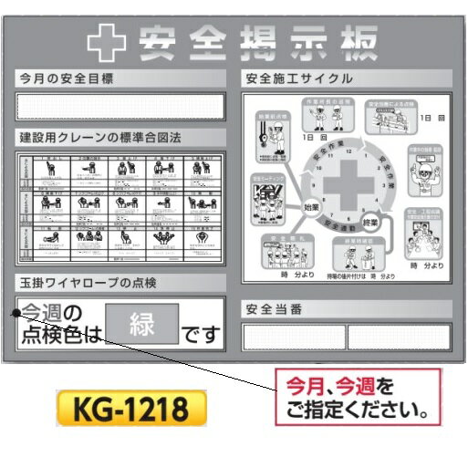 システム安全掲示板　スチール製ミニ掲示板　 900×1200　KG-1218 安全目標・建設用クレーンの標準合図法・玉掛けワイヤロープの点検・安全施工サイクル図・安全当番【大型商品・個人宅配送不可】【代引不可】