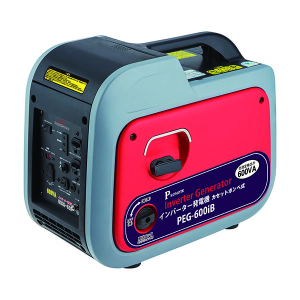＜インバーター発電機600(カセットボンベ式)＞ 商品番号：PEG-600iB 【特徴】 ○ガソリンより扱いやすいカセットボンベ 　ホームセンターや量販店等で販売している 　カセットボンベをセットするだけで燃料補給OK！ 　長期保管可能で手軽に使えます。 ○簡単＆手軽に燃料セット！ 　手も本体も汚すことなく 　簡単に燃料交換ができます。 　シンプルなセット方法で 　誰でも簡単＆安心して行えます。 ○持ち運びに優れた小型軽量設計！ 　本体重量約14kg！小型で軽量だから 　1人でも持ち運べ、保管も車載もスマート。 ○AC/DC/USBの3WAY出力で多用途に対応！ ■セット内容／発電機本体、 　　　　　　　直流バッテリー充電用コード、 　　　　　　　プラグレンチ、ドライバー、 　　　　　　　オイル用ノズル、 　　　　　　　エンジンオイル(200ml) ■サイズ／470×270×390mm ■重　量／約14.0kg ■エンジン／4サイクルガスエンジン ■排気量／53.5ml ■出　力／1.15kW(1.5PS) ■使用燃料／LPG(液化ブタン) ■燃料容量／500g(カセットボンベ2本) ■エンジンオイル量／180ml ■点火プラグ／TORCH A7RTC(NGK CR7HSA互換) ■始動方式／リコイルスターター ■騒音値／約71dB ■連続使用時間／約1.5時間(定格負荷) ※注意 ・発電機は排気ガスが出ます。 　屋内、歓喜の悪い場所では使用しないでください。 ・燃料はカセットコンロ用のLPGボンベ燃料を 　使用しますが、安全規格面から“JIA認証”マーク 　入りのボンベを使用してください。 ・使用後、運搬時は必ずカセットボンベを 　外してください。ガス漏れの恐れがあります。