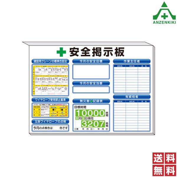 313-53W 安全掲示板 ｢建設用クレーンの標準合図法 ワイヤロープ使用禁止基準 玉掛ワイヤロープの点検 安全目標 無災害記録表 安全当番 作業主任者 有資格者｣ 白地 (850×1200mm) (メーカー直送/代引き決済不可)工事現場 送料無料
