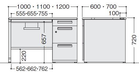 デュエナ 片袖机 デスク Kタイプ L 型脚 B4-3段 W1000×D700×H720mm /TO-DUK-107-B3 □/□ [3]