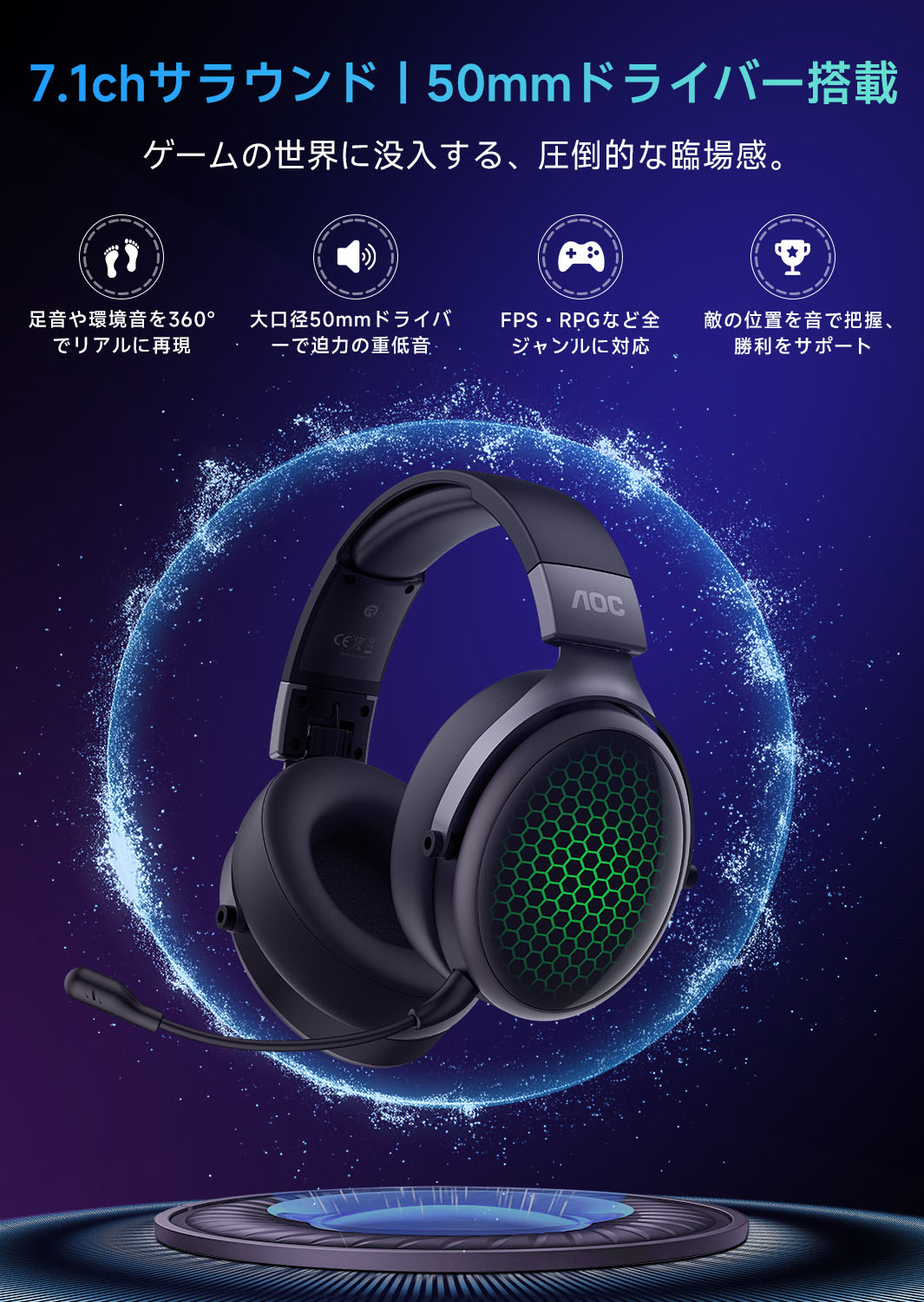 【在庫一掃！11,980円→6,980円！】国内正規品 AOC ゲーミングヘッドセット 7.1chサラウンドサウンド 50mmドライバー 高音質 ノイズキャンマイク 4WAY接続2.4G USB Type-C BT5.3 有線 1200mAh 2.5時間フル充電 ワイヤレス ヘッドセット 軽量折畳式 快適 ACG3506 2