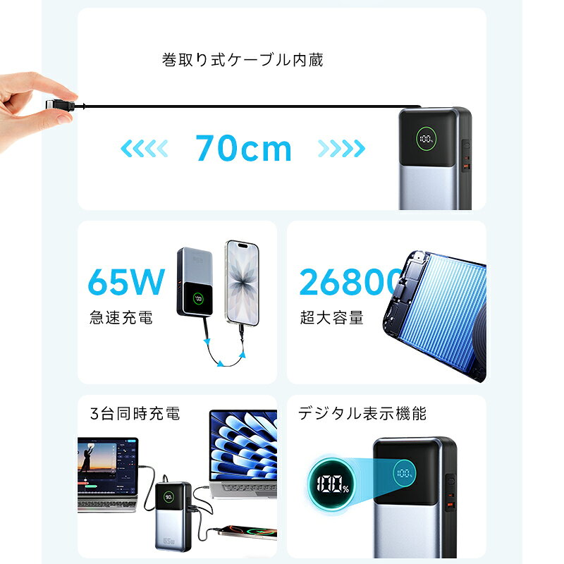 モバイルバッテリー 26800mAh 99.16Wh 大容量 3台同時充電 ケーブル一体型 巻き取り式Type-Cケーブル内蔵 パワーバンク ポータブル 急速充電 PD対応 最大65W出力 LED残電量表示 USB-A出力 iPhone17/16充電 全機種対応 携帯充電器 PSE認証 【PL保険加入済み製品・安心】 aoc-shop-10000119 AOC楽天市場店 サンプル画像3