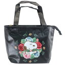 【スヌーピー】【SNOOPY】ランチバッグ【ブラック】【黒】【フラワー】【花】【ピーナッツ】【ウッドストック】【すぬーぴー】【かばん】【鞄】【弁当入れ】【トート】【収納】【お出かけ】【アウトドア】【雑貨】【グッズ】【かわいい】