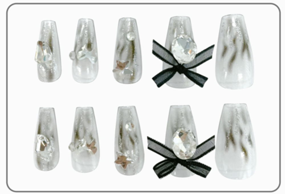 【送料無料】【セット商品】【4個入り】【オリジナル】 ネイルチップ【クリアリボン】【ロングスクエア..