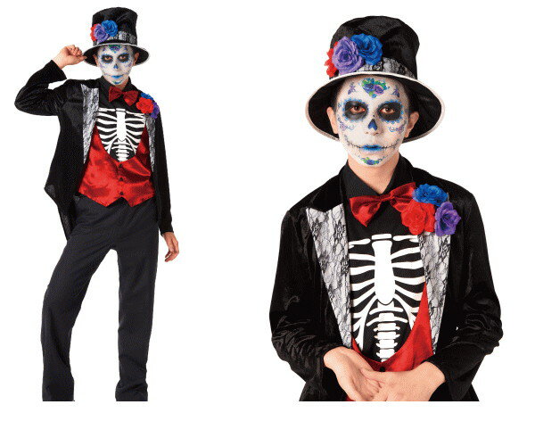 メンズ　グルーム花婿　スカル　シュガースカル　ハロウィン　コスプレ　コスチューム　衣装　仮装　集団仮装　かわいい