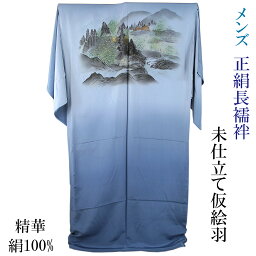 男物長襦袢 仮絵羽 正絹 -54- 広幅 精華縮緬 山水画 薄縹 絹100%