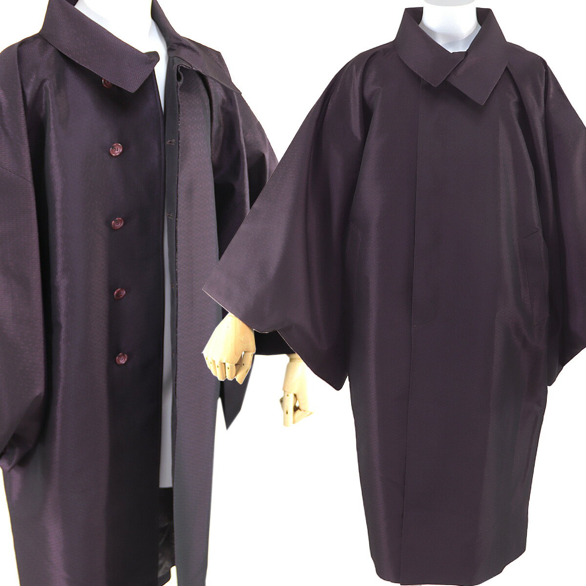 角袖コート -33- メンズ和装コート 暗紅色 L-Size 米沢織 シルク混 日本製