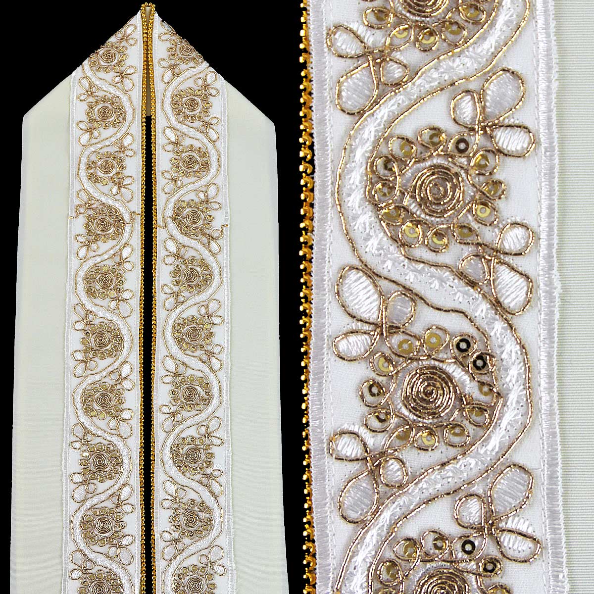 刺繍半衿 E-1332 No.2 オフ白/金パール スパンコール刺繍 メタルビーズ付き ポリエステル100%