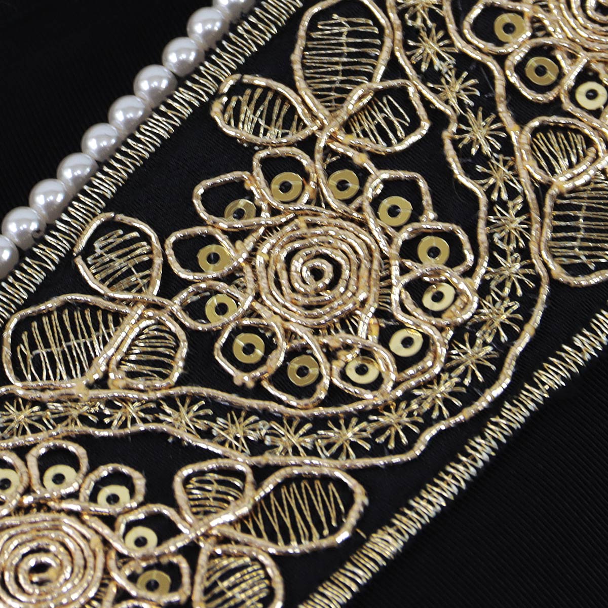刺繍半衿 E-1332 No.3 黒/白パール スパンコール刺繍 パール付き ポリエステル100%