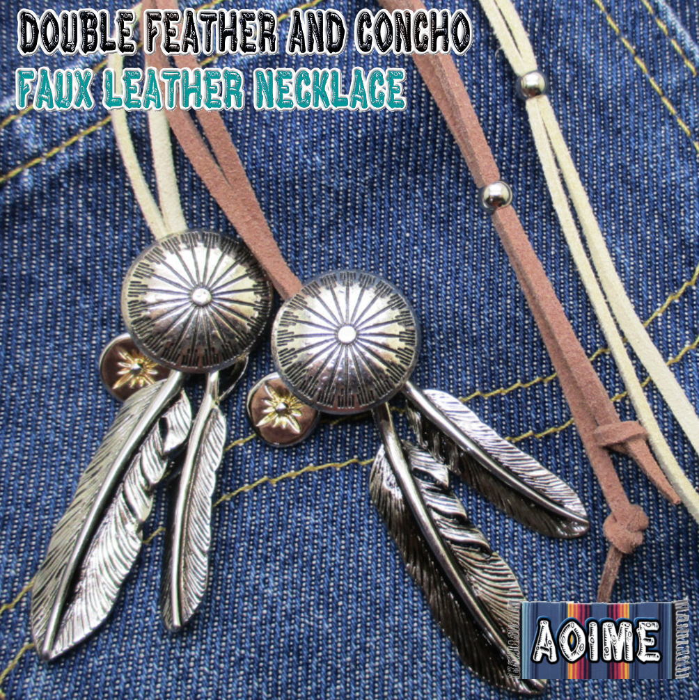 Rakuten - メンズ ネックレス フェザー 2枚 羽根 コンチョ ゴールデンサントップ フェイクレザー ペンダント チョーカー レザー調 ネイティブ インディアンジュエリー アクセサリー 4-7621