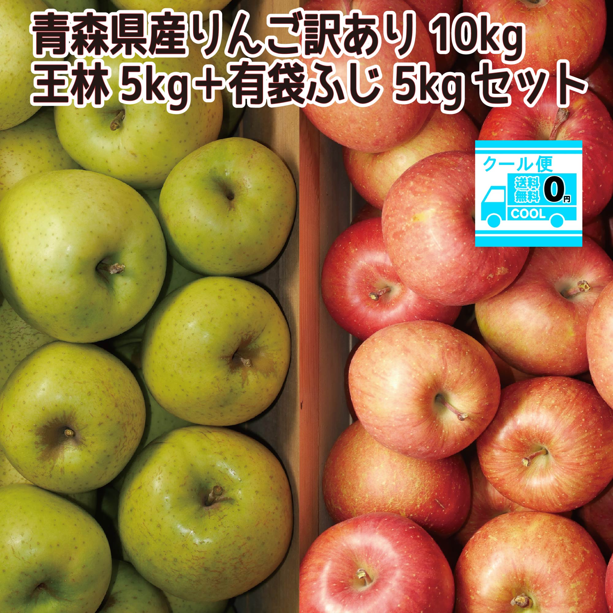 クール便込み 青森県産 りんご10kgセット 王林5kg15-25玉程度 ふじ5kg15-25玉程度