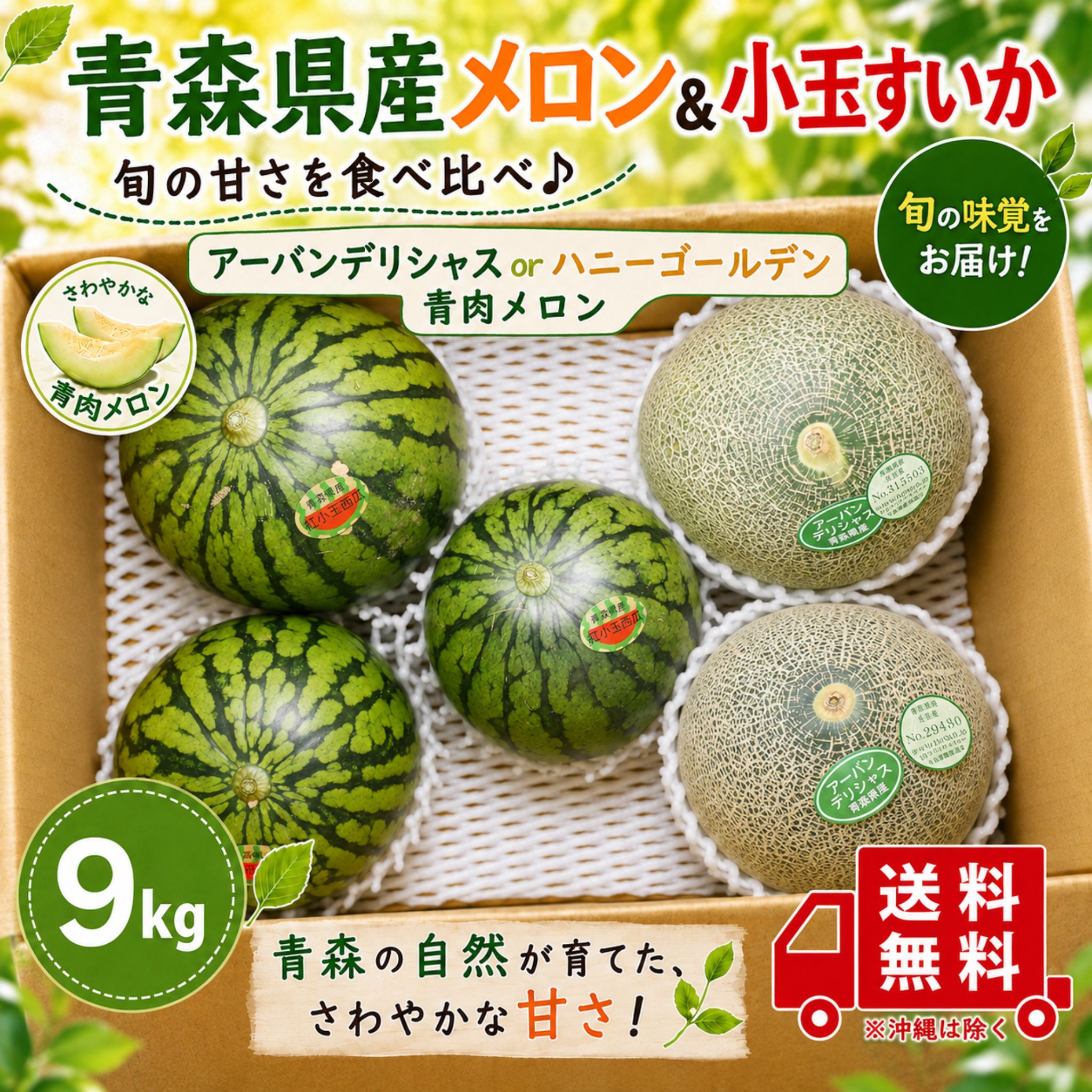 青森県産　青肉メロン　2-3玉　&　青森県産　小玉すいか2-3玉　9kgになります。 青肉メロンは、アーバンデリシャス、ハニーゴールデンのいずれかになります。 【メロン：アーバンデリシャス】 糖度が高く肉質の安定したメロンになります。 アーバンデリシャスの品種である「貴味メロン」は、ギフト用メロンとしても名を馳せたアムスメロン系統のため高糖度。 【メロン：ハニーゴールデン】 ハニーゴールデンは夕張メロンなどと同じ「メルティング質」と呼ばれる非常に滑らかな果肉が特徴で、皮のギリギリまで食べられます。 甘みが強く、果汁も豊富です。 メロンは収穫してから追熟する果物です。いい香りがしてきたり、お尻の部分をそっと押してみて少し柔らかいと感じた時に冷蔵庫で2〜3時間冷やし食べるのがおすすめです。 見た目は多少悪いご家庭用になりますが、中身は贈答品と変わりありません！ 【すいか：小玉】 青森県産特産の小玉すいかは完熟すいかです。 普通のすいかよりも糖度が高めで、皮が薄いので端まで食べることができます。 中身はシャリシャリしてとってもジューシーです。そして冷蔵庫にもすっぽり入るのでとっても食べやすいですよ☆ 品種は、ひとりじめ、紅小玉、姫甘泉、紅小玉など旬のものをお届け致します。 見た目は多少悪いご家庭用になりますが、中身は贈答品と変わりありません！ 発送まで2日〜7日程度いただく場合がございますのでご了承のほどお願い致します。 送料無料！（沖縄+1200円） 翌々日以降のお受け取りは保証致しかねますのでご了承のほどお願いお願い致します。