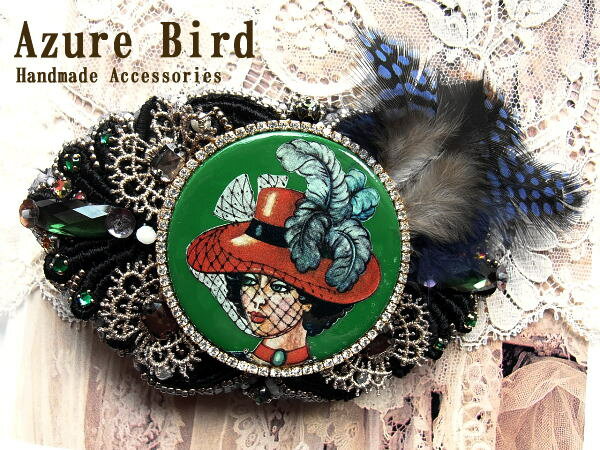 【Azure Bird】クラシカルな貴婦人のカボションがポイント！羽飾りがついたラグジュアリーなヴィクトリアン調バレッタ（赤い帽子）/ヘアアクセサリー4【RCP】