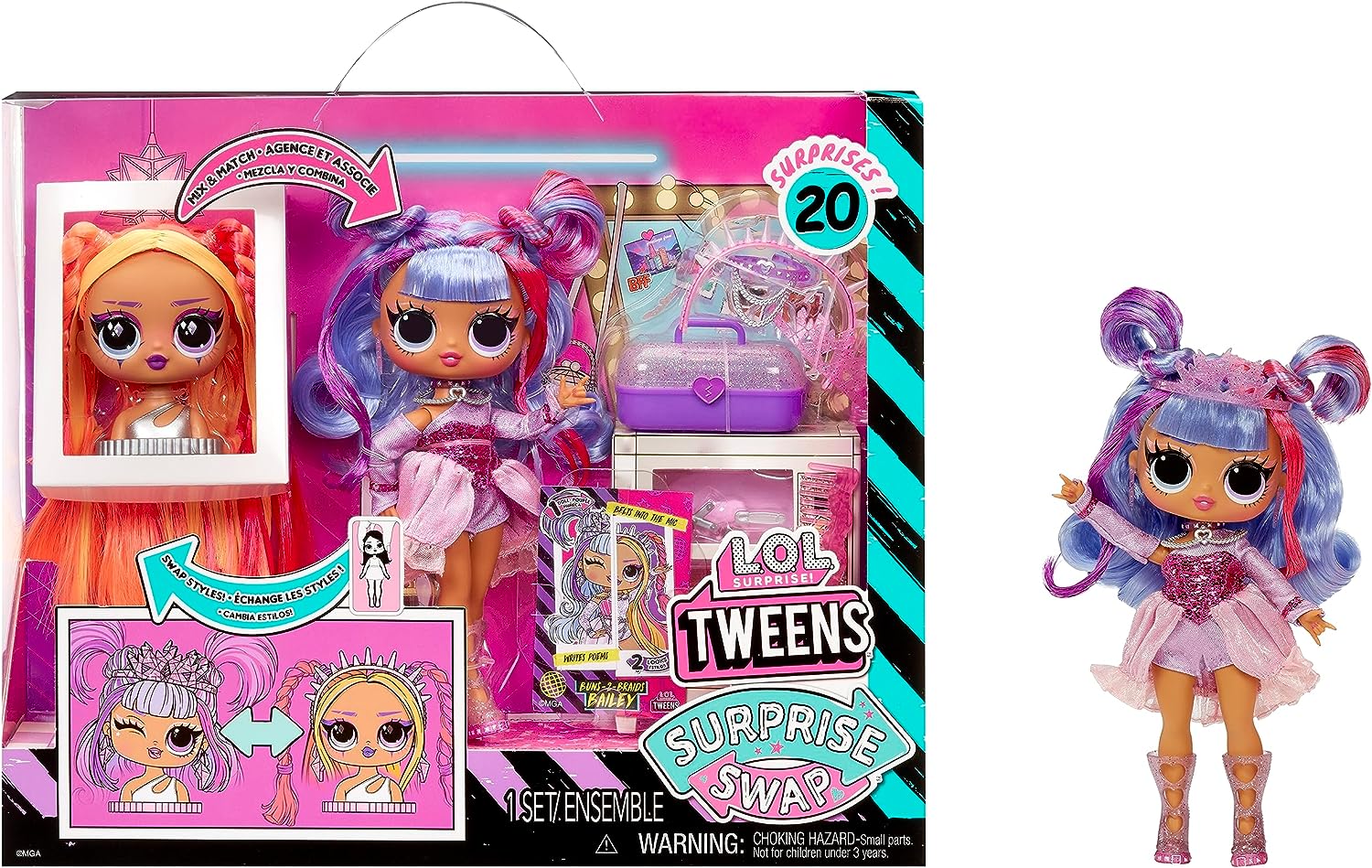 ysAiz LOLTvCYI Tweens TvCY Xbv xC[ LOL GI[G ւ l` ̎q  ߋt@bV h[ LOL Surprise Tweens Surprise Swap Fashion Doll Buns-2-Braids Bailey with 20+ Surprises Including Styling Head and