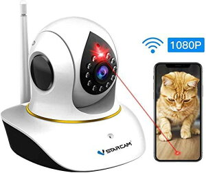 VStarcam 猫カメラ [ 防犯カメラの新設計 ] - 猫と遊び機能搭載 wifi ペットカメラ ペット見守り スマホ連動 犬 留守番 猫遊び 猫交流 見守りカメラ ワイヤレス 防犯カメラ 200万画素 Wi-Fi ペット用品 録画機不要 SDカード録画 電波法認証済み(TELEC) VStarcam C38S-P