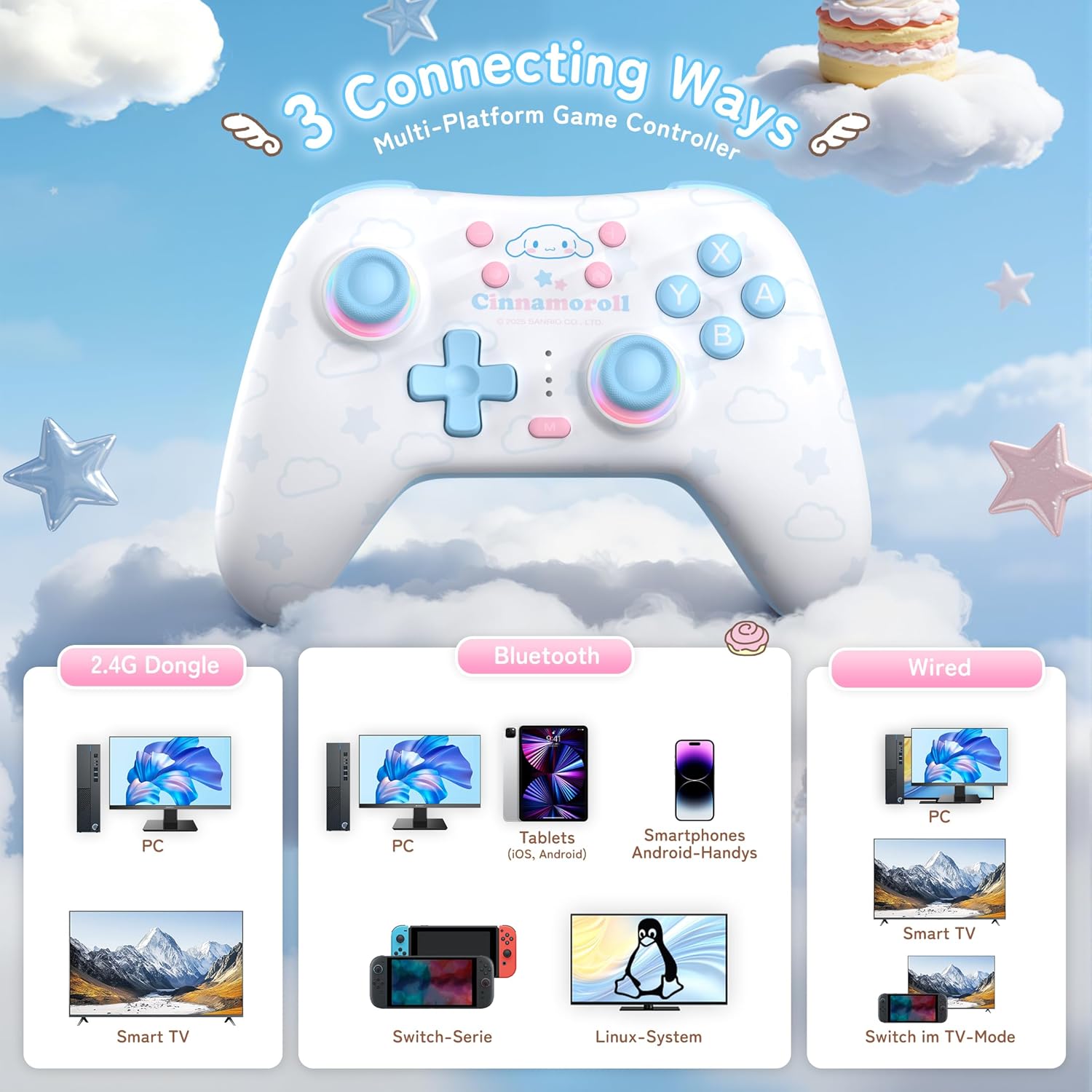 シナモロール Switchコントローラー ワイヤレス Bluetooth 2.4G RGBライト ホールエフェクト ジャイロ振動対応 Nintendo Switch PC iOS Android スイッチ ごっこ遊び ままごと おもちゃ 誕生日 クリスマス 女の子 男の子 【並行輸入品】Switch Controller 2