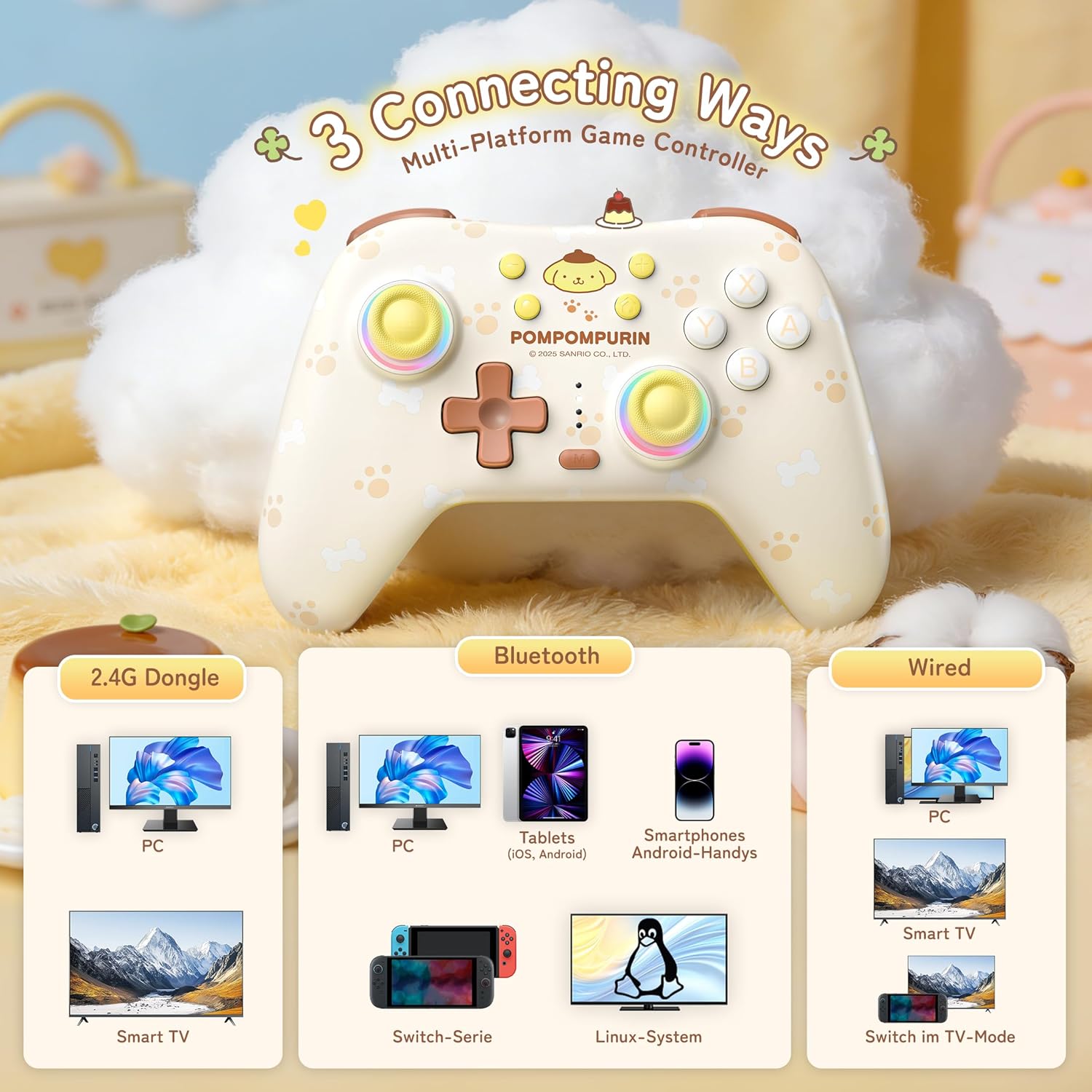 ポムポムプリン Switchコントローラー ワイヤレス Bluetooth 2.4G RGBライト ホールエフェクト ジャイロ振動対応 Nintendo Switch PC iOS Android スイッチ ごっこ遊び ままごと おもちゃ 誕生日 クリスマス 女の子 男の子 【並行輸入品】Switch Controller 2