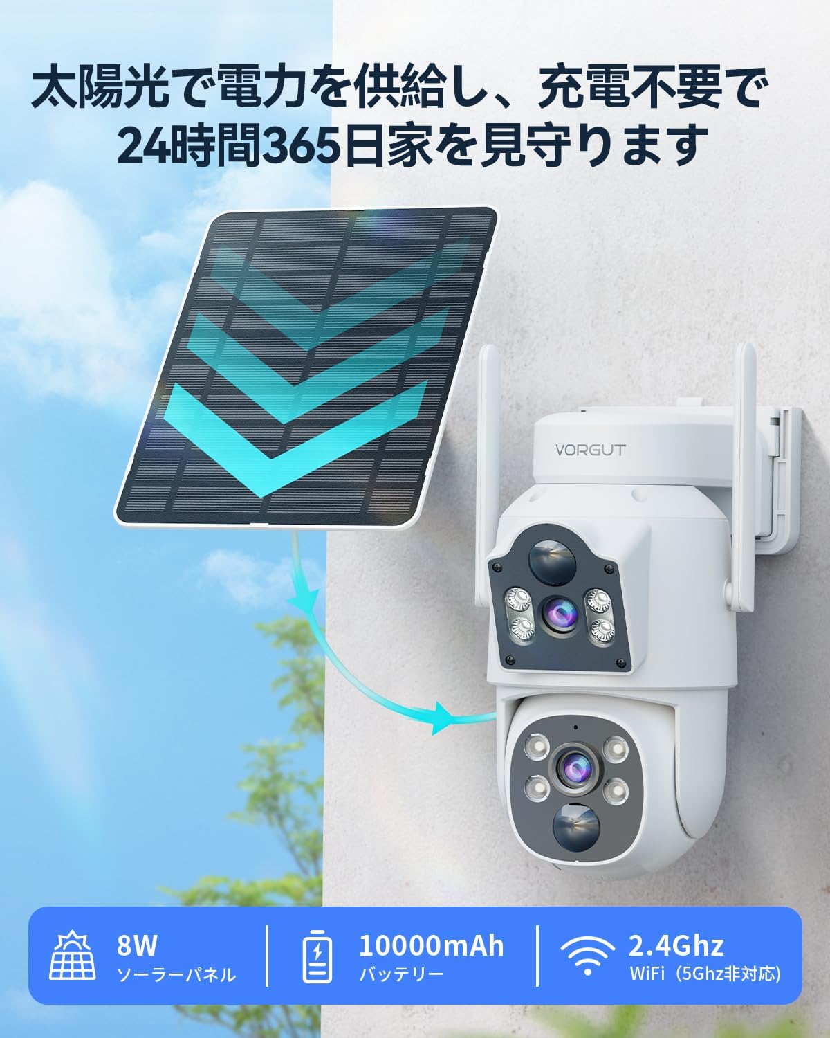 VORGUT 防犯カメラ 屋外 ソーラー モニタ一付き 2台セット二重レンズ 双眼 監視カメラ 工事不要 電源不要 2.4 Gh aoitrade-1-10002154 AOITRADE楽天市場店 サンプル画像3