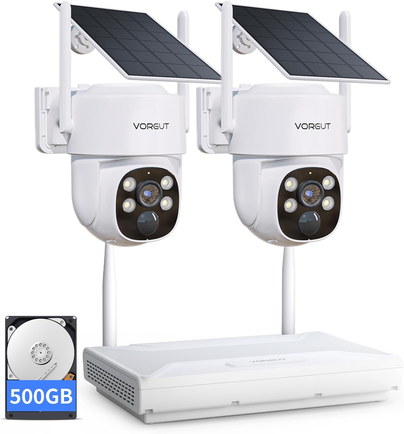 【400万画素・360°広角撮影】VORGUT 防犯カメラ ソーラー 2台 ワイヤレス 防犯カメラ 屋外 wifi 監視カメラ ソーラー 電源不要 工事不要 PIR動体検知 2台 400万画素 ワイヤレス カメラ 10台まで増設可 遠隔監視 双方向通話 防水等級IP66 500Gハードディスク内蔵 家庭用