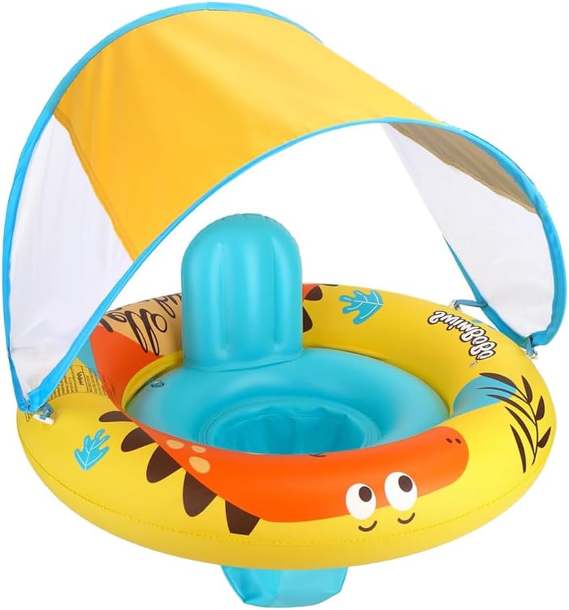 浮き輪 子供用 ベビー浮き輪 ベビーボート フロート 足入れ SPF50+ 取り外し可能なサンシェード 水泳補助具 日焼け止め 水浴 ビーチ 夏グッズ 外遊び 旅行 夏休み アウトドア 暑さ対策 3ヶ月-6歳の子供用 ハンドポンプ付き