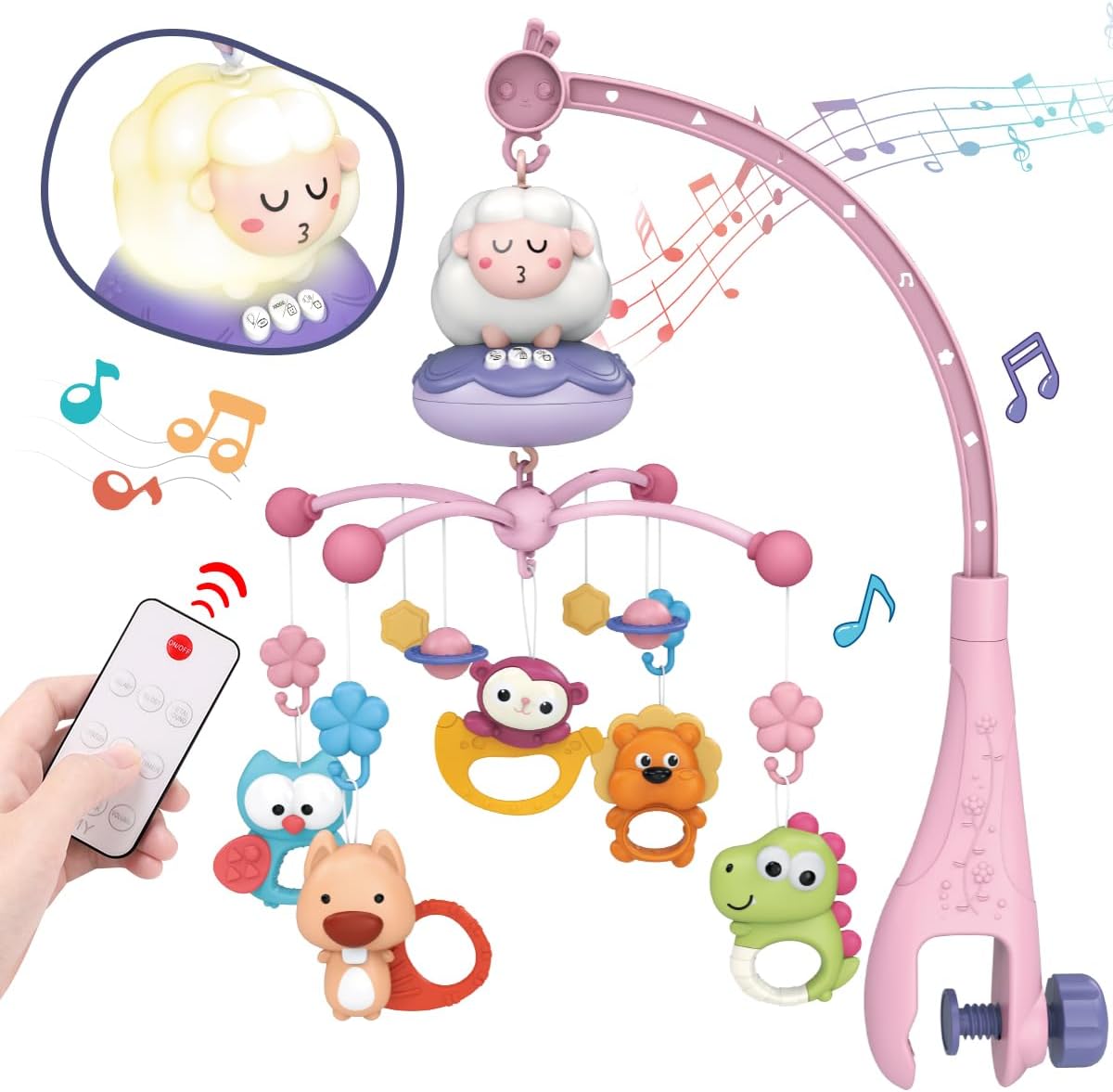 ベッドメリー めんよう オルゴール モビール 赤ちゃん おもちゃ 新生児 おもちゃ 360度回転 音乐 知育寝具 簡単に眠り出産準備 男の子 女の子 誕生日 プレゼント (ピンク)(3.0)