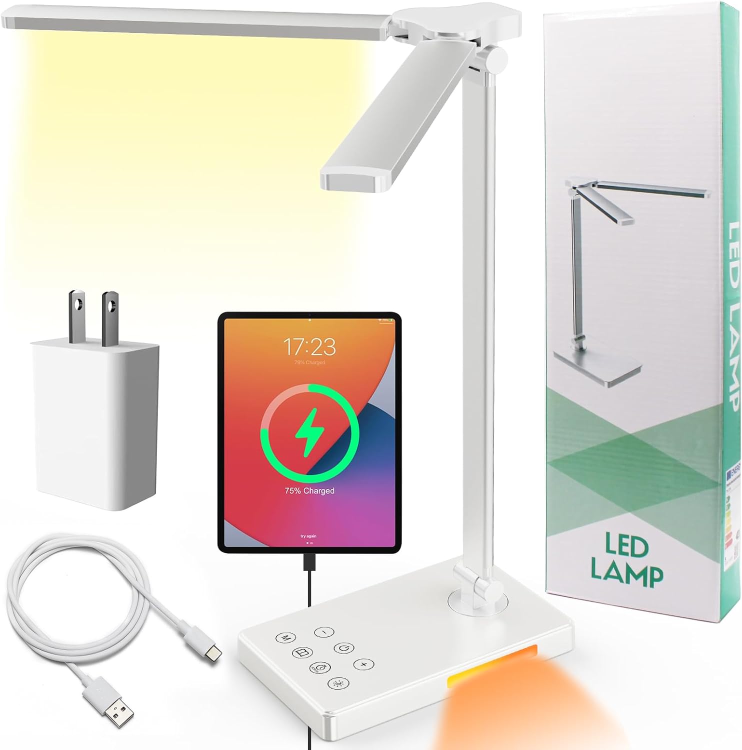 デスクライト led 勉強机 明るい 550lm 幅広 調色5段階 無段階調光 間接照明 ACアダプター付き 電気スタンド led スタンドライト 卓上 アーム調整可能 卓上ライト 読書灯 寝室 読書 勉強 仕事 学習机ライト (ホワイト)