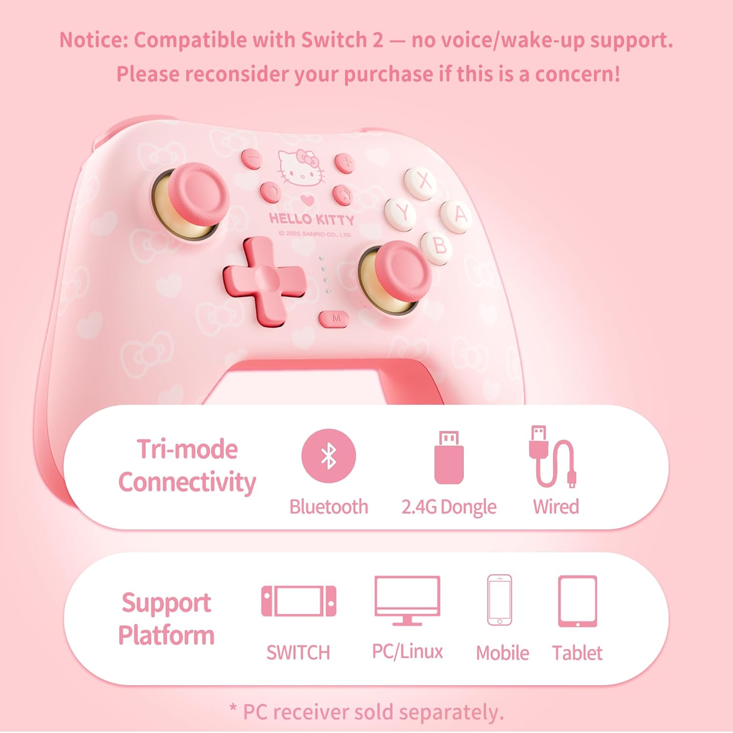 Kuitmor ピンク Switch 2/1/OLED/Lite Xbox コントローラー、ハローキティ ホールエフェクト コントローラー ワイヤレス PC、Android、iOS 対応 | Bluetooth + 有線、1000mAh バッテリー、6軸ジャイロ、デュアル振動、RGB ブリージングライト スイッチ 【並行輸入品】