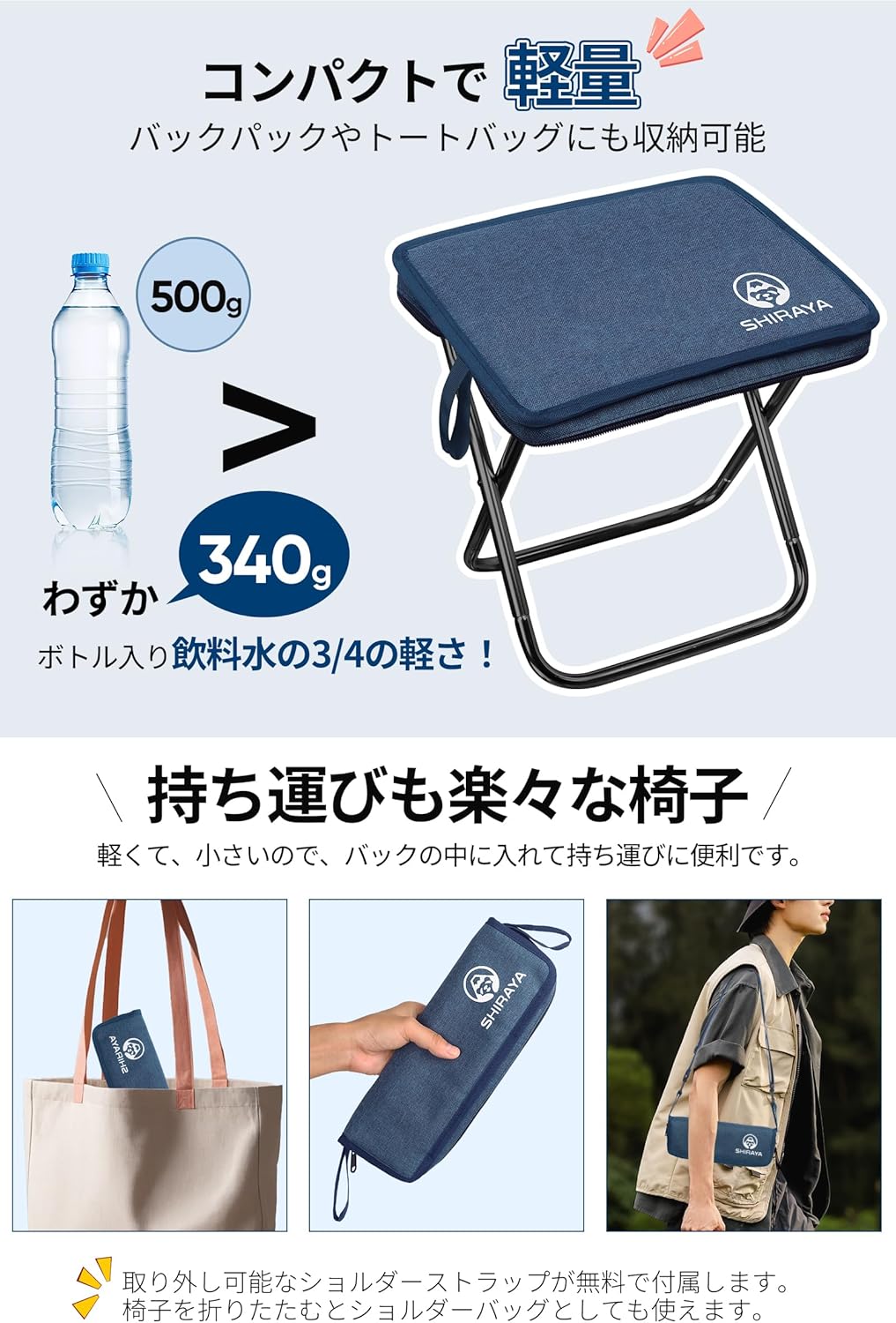 shiraya【Newモデル】折りたたみ椅子 アウトドアチェア コンパクト 超軽量 アルミ合金 ショルダー付き 持ち運び便利 収納袋一体型 携帯チェア キャンプ 椅子 日本語説明書付き ハイキング 釣り（ブルー） aoitrade-1-10002546 AOITRADE楽天市場店 サンプル画像3