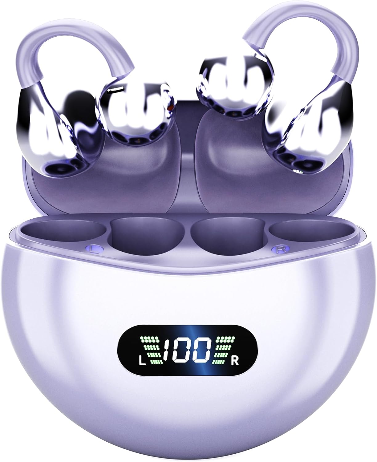 【進化 イヤーカフイヤホン】 イヤホン bluetooth ワイヤレスイヤホン Bluetooth5.49 ながら聴き オープンイヤー 耳掛け 耳挟み式 骨伝導イヤホンより便利 耳を塞がない マイク付き ENC通話 数字LEDディスプレイ残量表示 人間工学設計 iOS/Android対応 (purple-1)