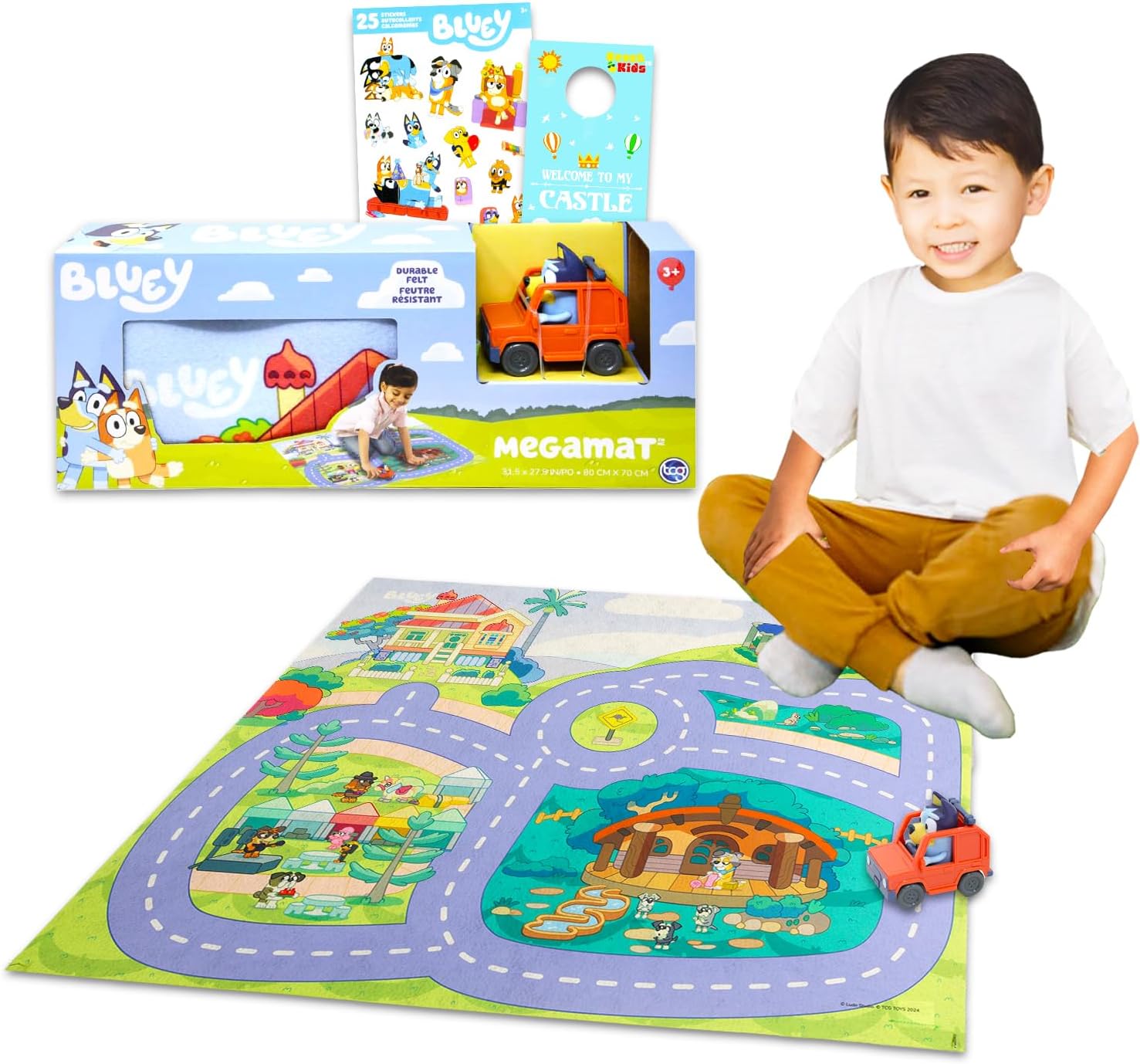 ブルーイ プレイマット カーセット｜車 フェルト製メガマット 31.5×27.5インチ｜ブルーイ乗り物付き アクティビティセット｜ステッカー＆ドアハンガー付 ごっこ遊び ままごと おもちゃ 誕生日 クリスマス 女の子 男の子 Bluey Play Mat with Car Set【並行輸入品】