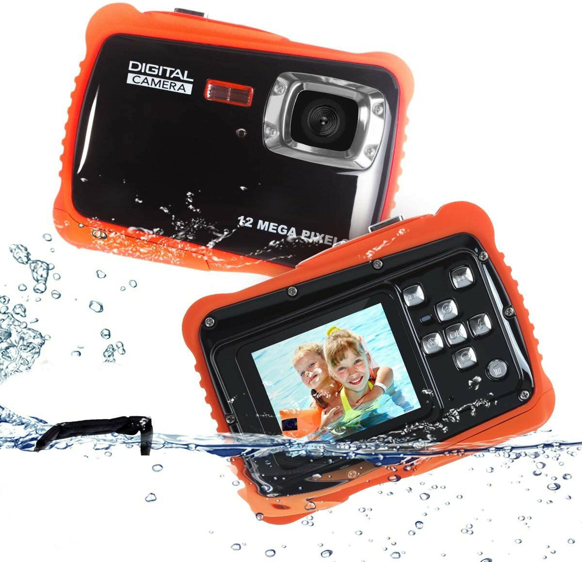 【操作簡単】スマホの撮影のやり方とは違って、子どもでもわかりやすい操作界面、子供に向けのボタン設置、特定の機能もちゃんとボタンの中に刻まれているので、使ってみたらすぐ分かります。 【3M防水機能&携帯便利】カメラは防塵だけでなく、カメラフロートと3Mまでの防水機能が搭載されます。夏に泳いでいる時も水の中で撮影できます。子供向きのデザインコンパクトで、子供の手でちゃんと握ることができます。(サイズ：約95*25*70mm；重さ：約110g）小さくて携帯便利です。 【安全&子供向きのデザイン】環境に優しい材料を利用から、安心してご使用いただきます。外観はしっかりとしたカメラらしい形デザイン、耐衝撃な材料が採用されたため、落としても壊れにくい設計で、ママも安心。 【高品質画像】2.0インチスクリーンが搭載されたため、子供は撮影しながら写真を見ることもできます。 それに、4倍デジタルズーム 、12Mのデジタルカメラで、鮮明に撮影できます。 【日本語説明書】日本語説明書が付属しており、簡単に安心してご利用いただきます。