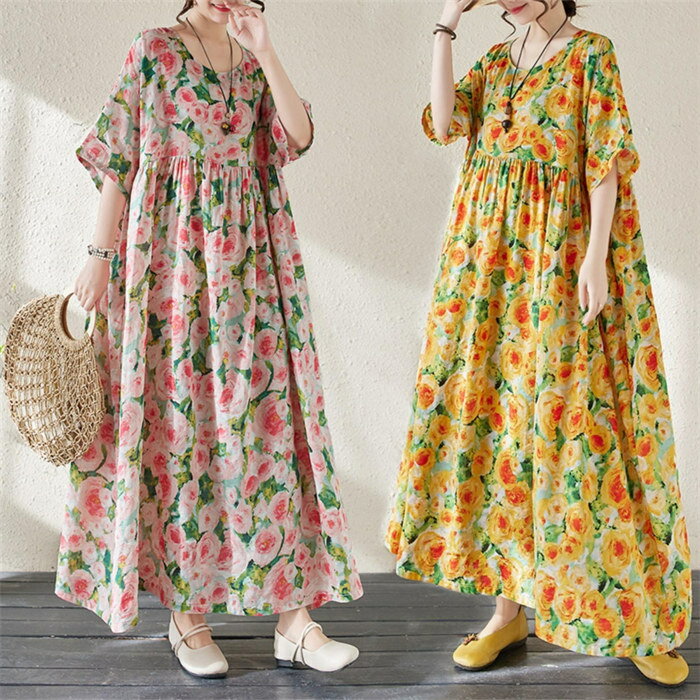 Rakuten - 【時間限定10%OFF】ワンピース マキシ丈ワンピース レディース コットン ロング レディース ボートネック Uネック バルーンシルエット 半袖 マキシ丈ワンピ ゆったり ワンピ 体型カバー オリジナル 春 夏