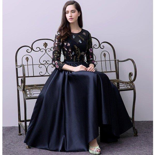 【時間限定10%OFF】ドレス パーティードレス ミディアム丈 カラードレス 結婚式 ウェディングドレス 刺繍柄 九分袖 ファッション 忘年会 着痩せ フォーマル