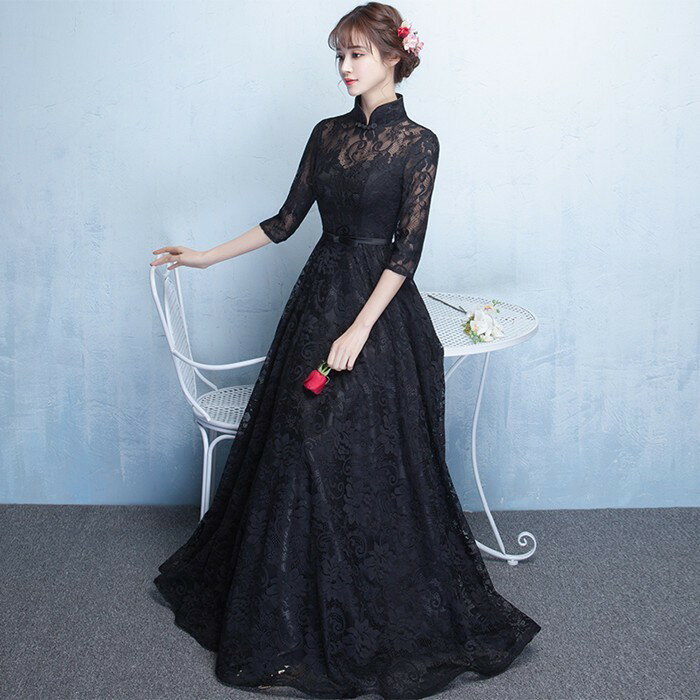 Rakuten - 【時間限定10%OFF】パーティードレス 結婚式 ロングドレス 立ち襟 ドレス 袖あり ウェディングドレス 二次会ドレス レースアップ パーティドレス 黒ドレス お呼ばれ 忘年会
