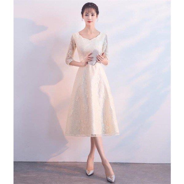 【時間限定10%OFF】パーティードレス 結婚式 ドレス ミモレ丈 ウエディングドレス 披露宴 パーティドレス 二次会 卒業式 お呼ばれ ワンピース 同窓会 大きいサイズ 着痩せ