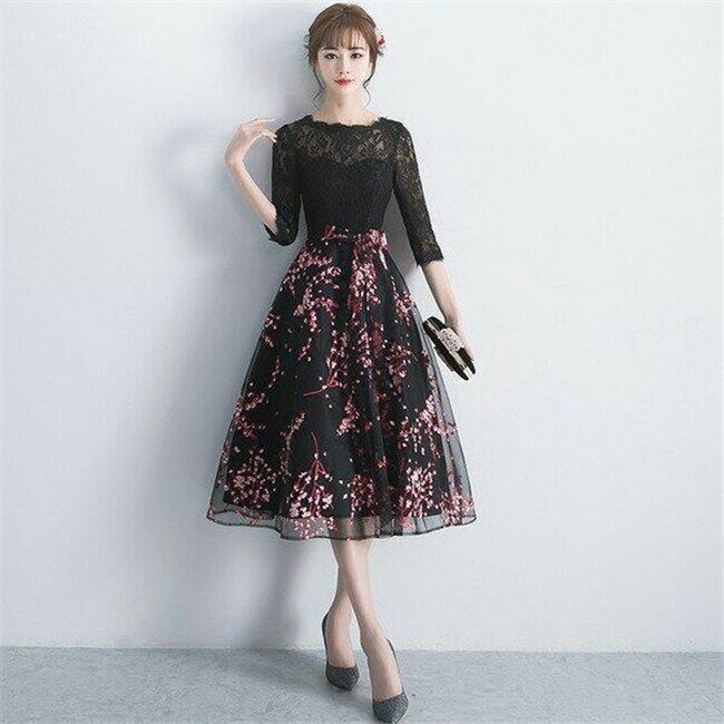 【時間限定10％OFF】パーティードレス 結婚式 ドレス ウエディングドレス ミモレ丈 レース 五分袖 花柄 黒 ドッキング 着痩せ 大きいサイズ 大人 上品 お呼ばれ 披露宴 花嫁