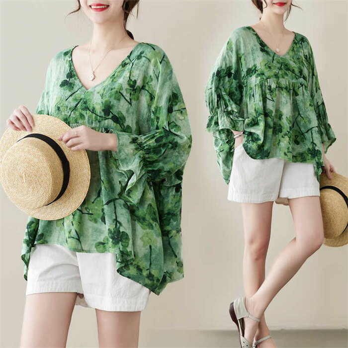 乐天商城 - 【時間限定10%OFF】ブラウス シャツ レディース チュニック 春夏 トップス 羽織り ゆったり 花柄 大きいサイズ シンプル コットンシャツ 涼しい 綿麻 吸湿 トップス 秋 レディース シャツ 大人 新作 Uネック きれいめ