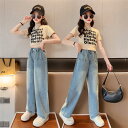 【時間限定10%OFF】子供服 セットアップ キッズ 女の子 半袖 2点セット 上下セット Tシャツ 薄手 デニムパンツ おしゃれ カジュアル 涼しい 可愛い ...